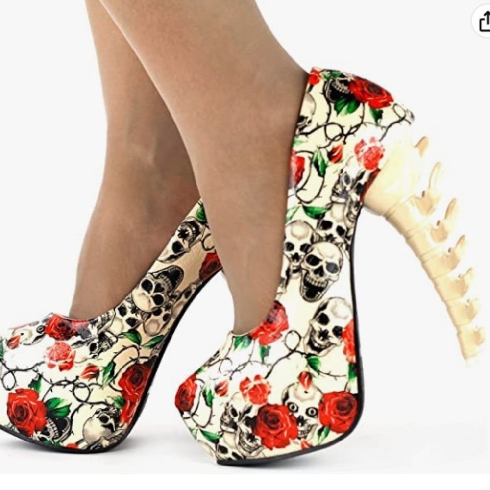Show Story Skull and Roses Print Bone Platform Stiletto's SZ 36